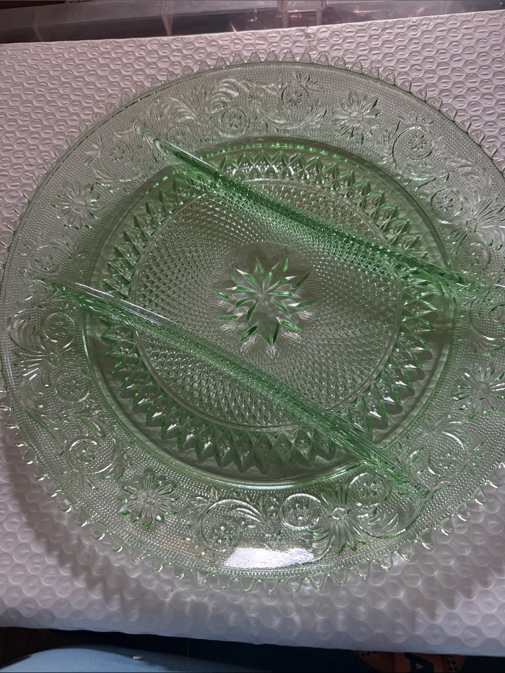 Tiara Indiana Glass Chantilly Green Sandwich 3 Part Relish 12" Tray Platter